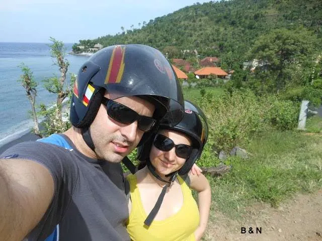 Bali, near Amed, with scooter and helmets