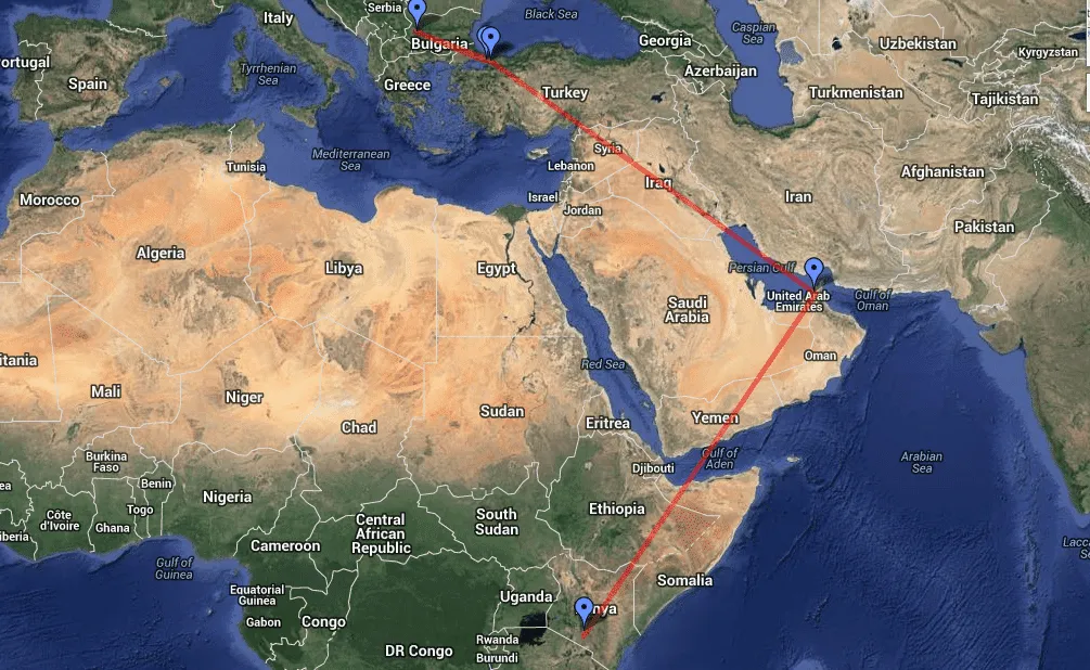 traveling through Europe, Asia and Africa within 24 hours - a day