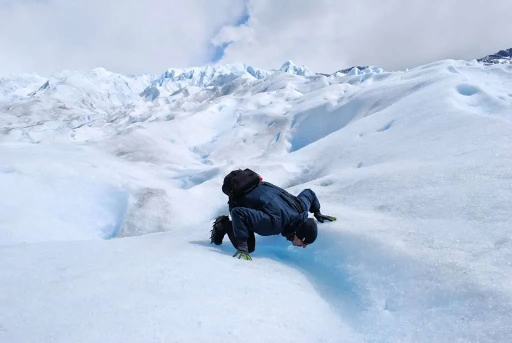 walking and falling on ice on the Perito Moreno Glacier in Argentina