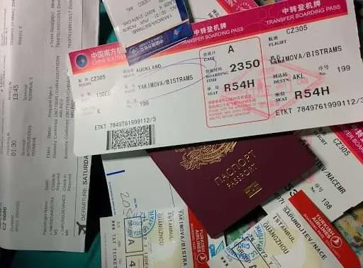 airline tickets, reservations, passport, journey around the globe