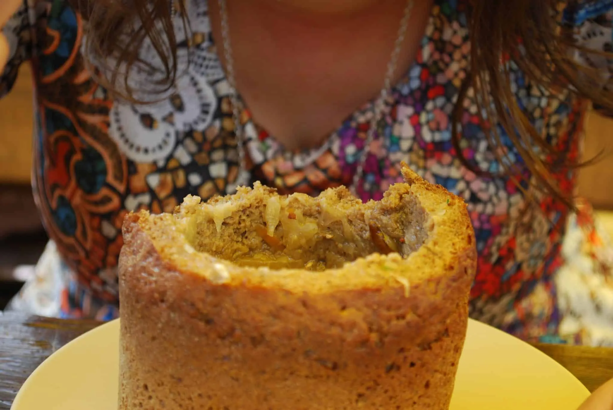 Mushroom soup in a bowl of bread near Trakai Castle in Lithuania