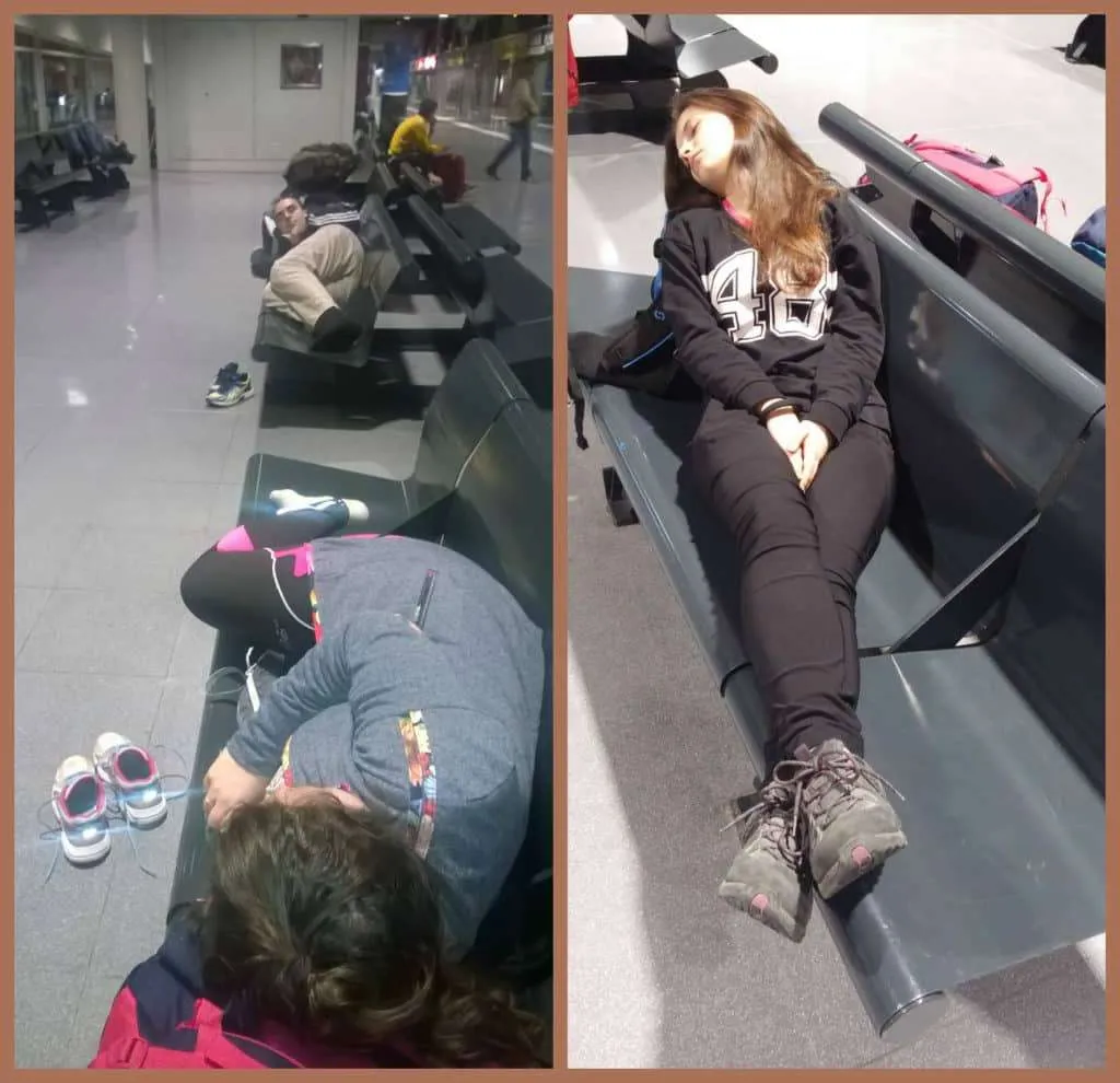 Sleeping in the waiting lounge of the Madrid bus station
