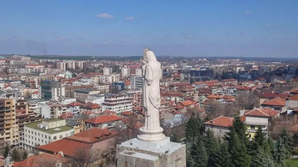 monument of Virgin Mary, different points of view and spring in Haskovo, Bulgaria