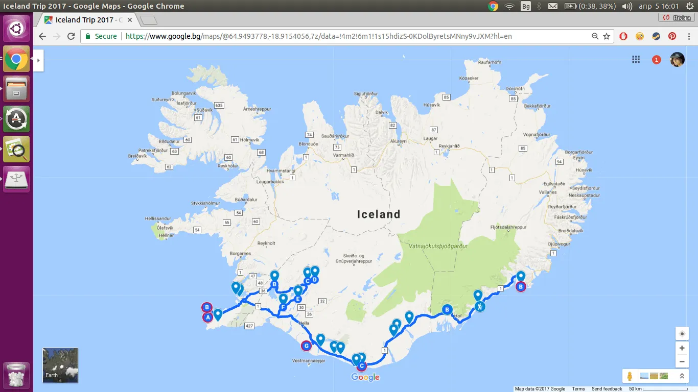 Google Map for Road trip in Iceland