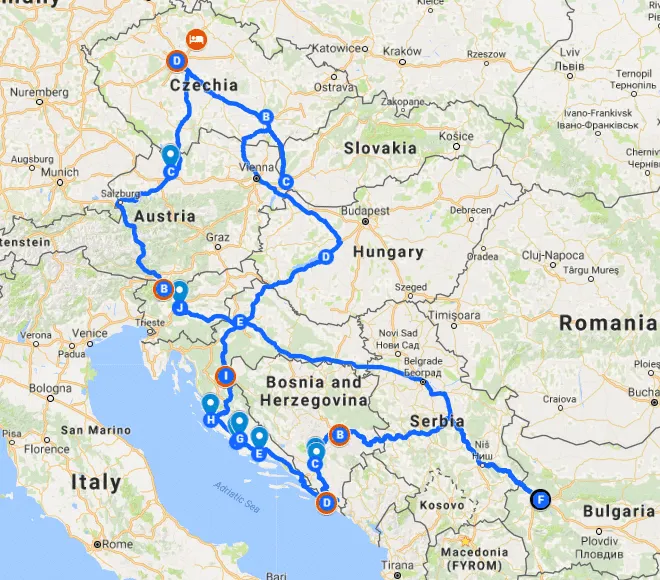 Our Skoda road trip route on the map - Bosnia and Herzegovina, Croatia, Slovenia, Czech, Slovakia