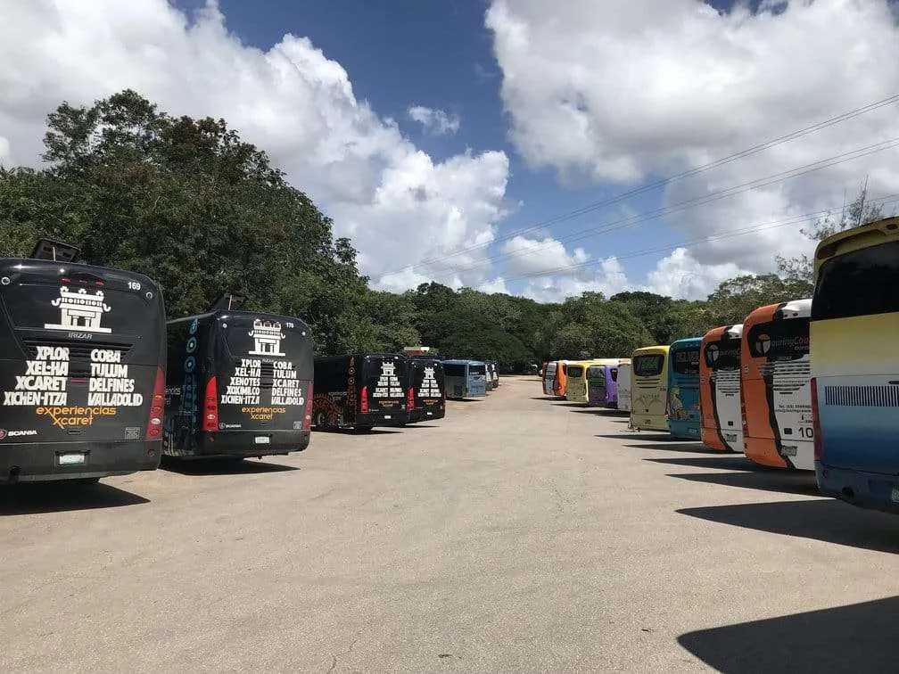 Mexico Chichen Itza Kukulkan New7wonders Parking lot with tens of buses