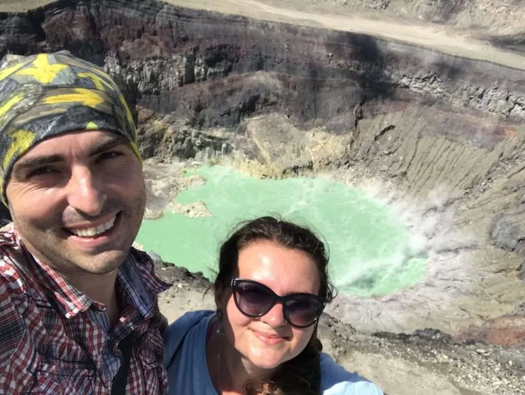 Selfie with the small lake in the crater of the Santa Ana volcano in El Salvador