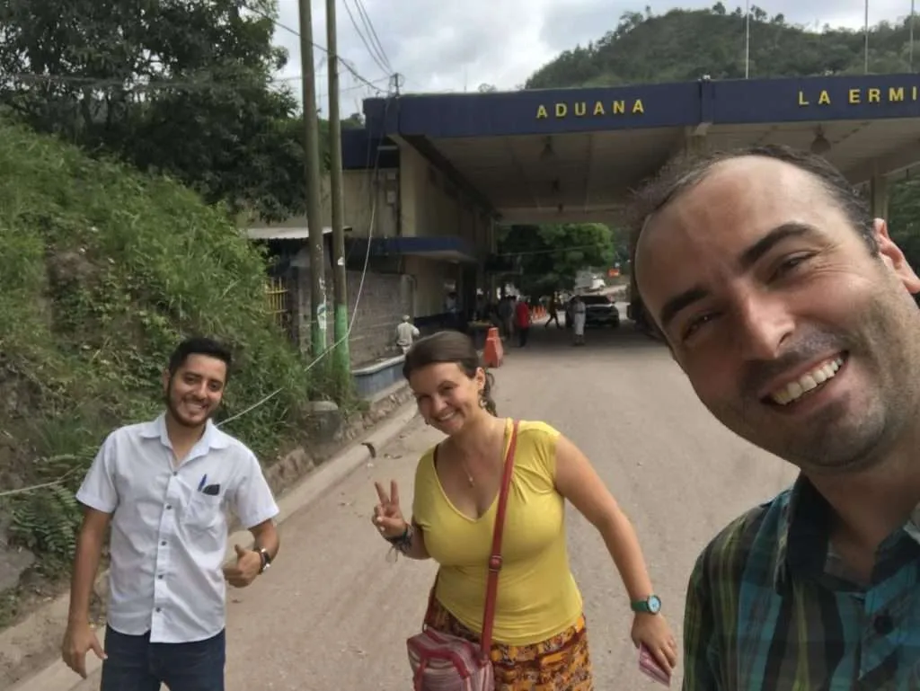 Selfie at the border between Guatemala and El Salvador on our drive to Copan Ruins in Honduras