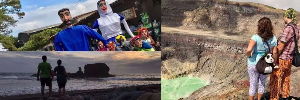 Collage from El Salvador containing the volcano crater of Santa Ana, the fiesta costumes from Ataco and the sunset from El Tunco