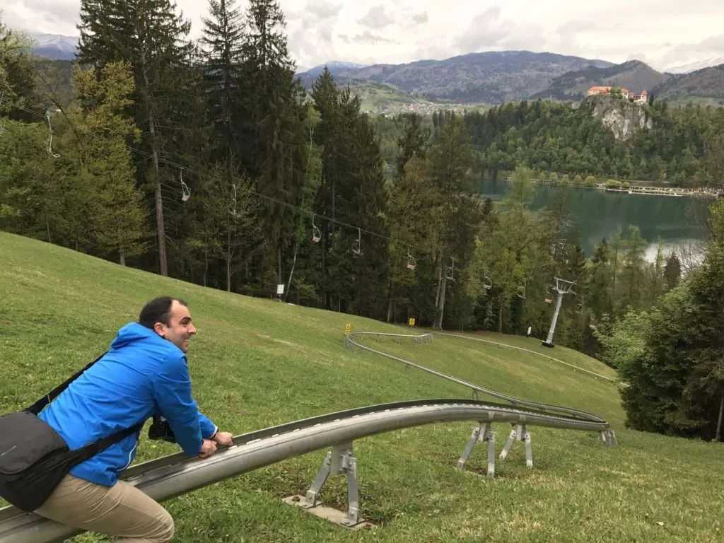 Lake Bled, Slovenia - the green hills and snowy mountains view