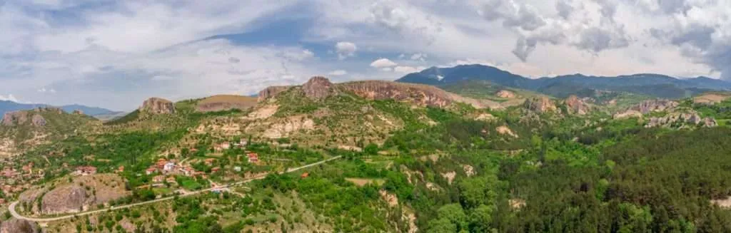 Drone shot over the mountain around the Ilindetsi village in Bulgaria