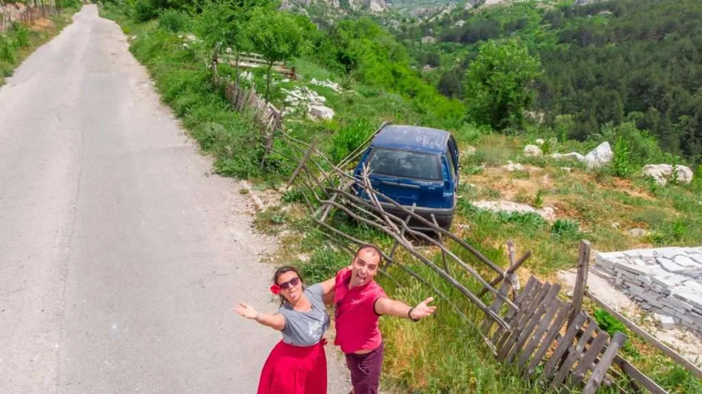 Drone selfie with a broken Fiat nearby the Ilindentsi