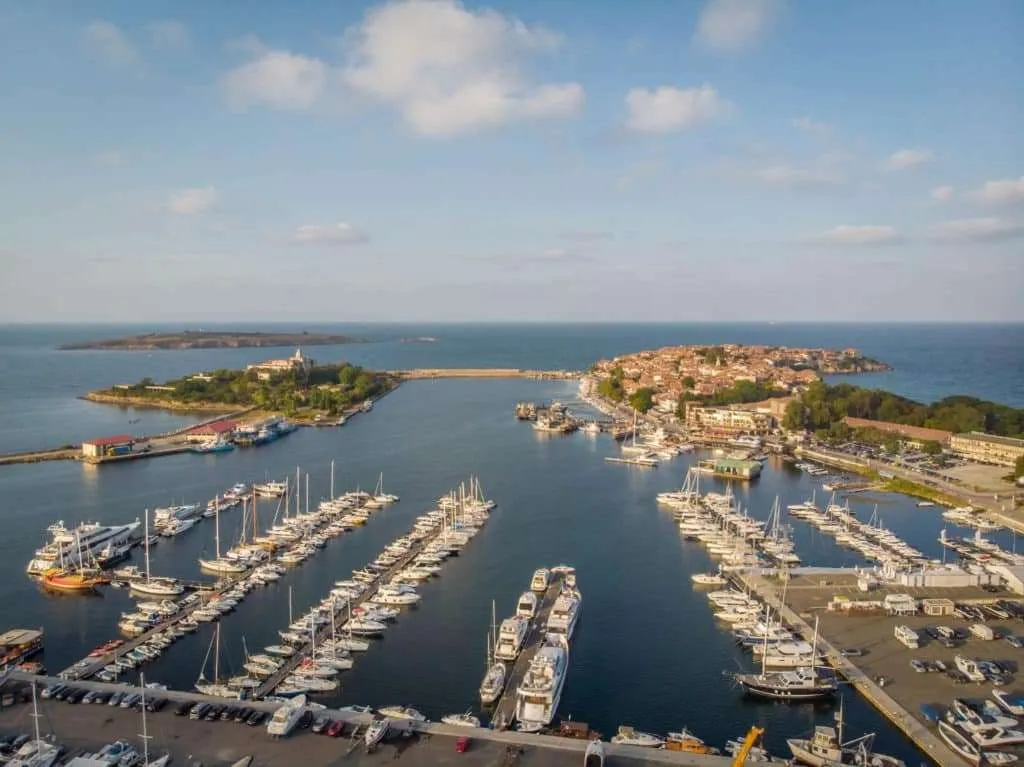 Drone photo of the Sozopol and its marina in Bulgaria
