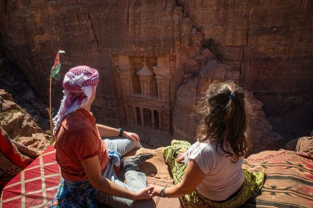 Jordan, visiting Petra, Al-Khubtha trail, view to the Treasury Al Khazneh