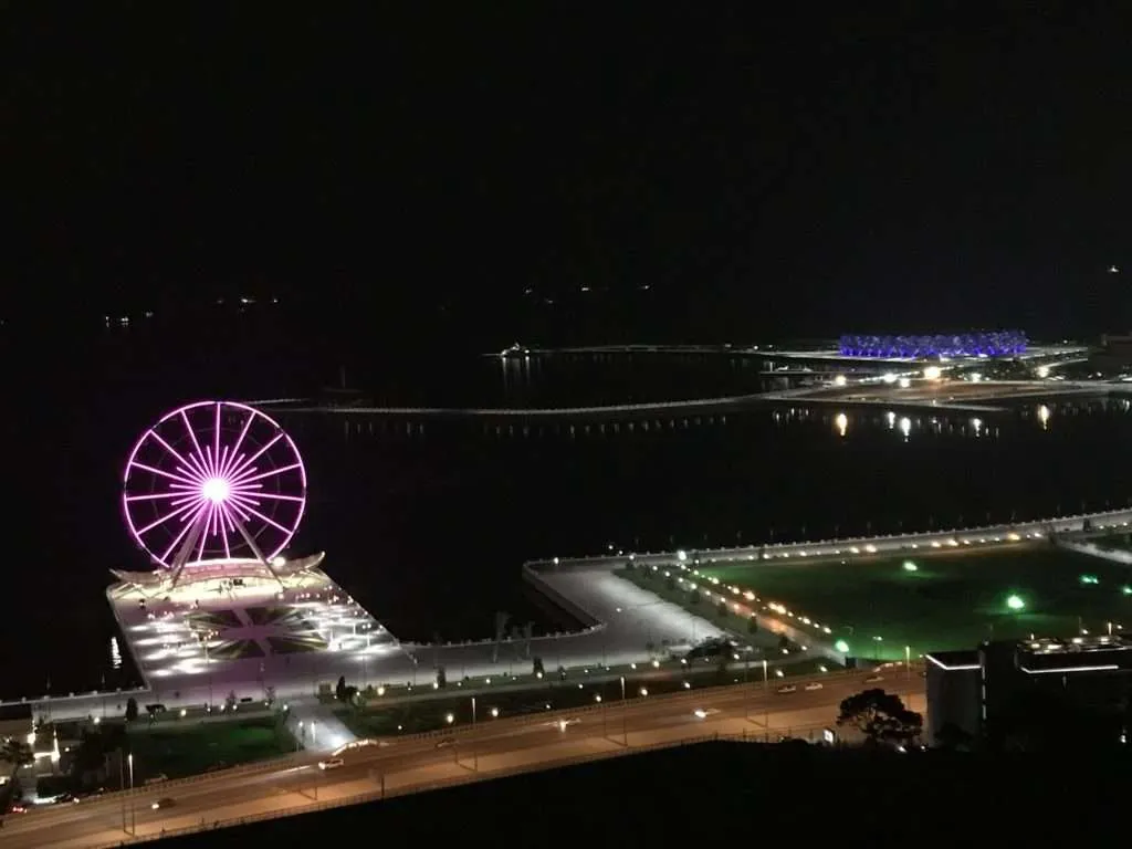 Baku, Azerbaijan at night drone
