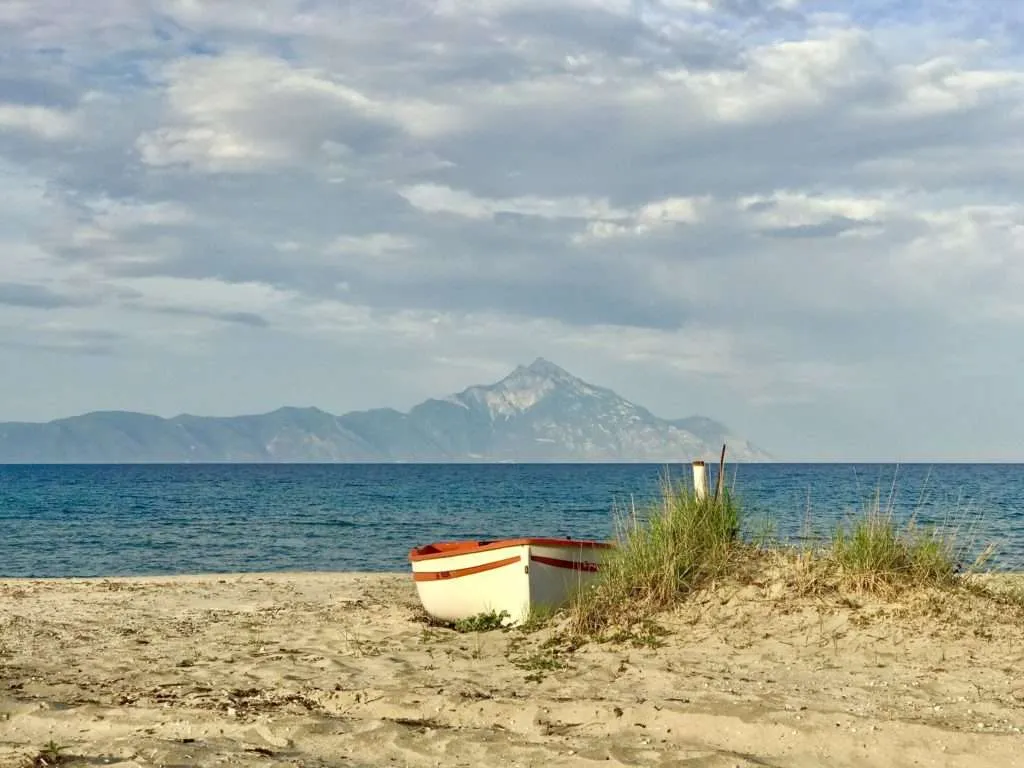 View of Mount Athos from Sarti beach, Sithonia, Halkidiki, Greece