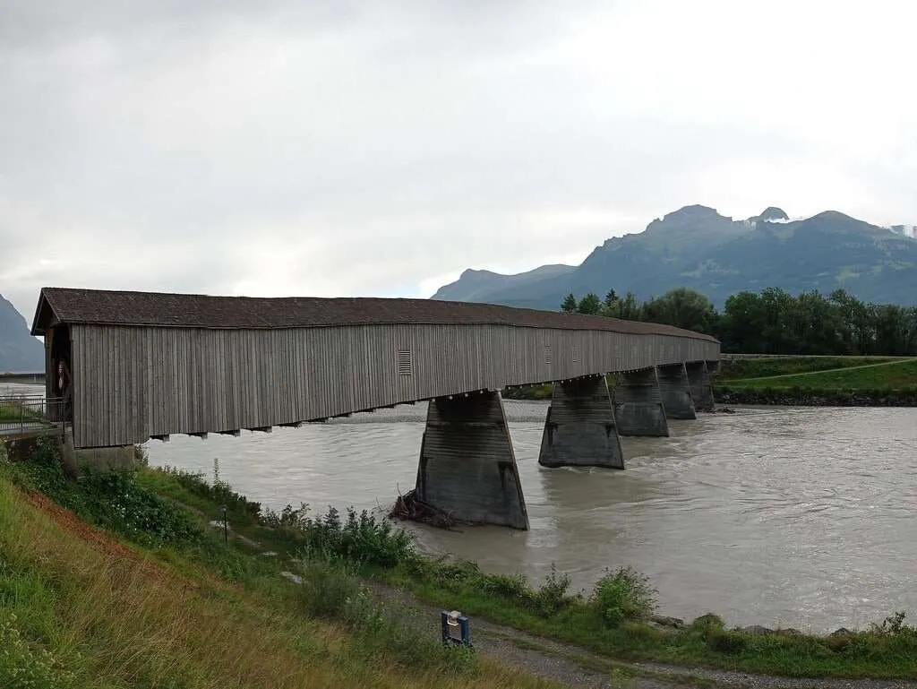 The old wooden bridge over Rhine river, Liechtenstein