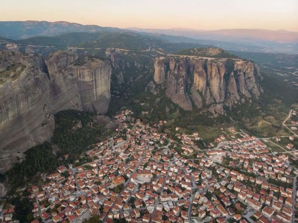 Visiting Meteora monasteries and rock formations in Greece, drone photo