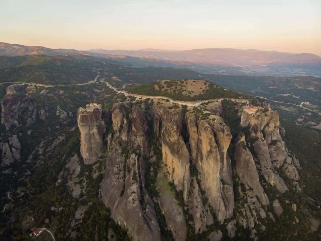 Visiting Meteora monasteries and rock formations in Greece, drone photo