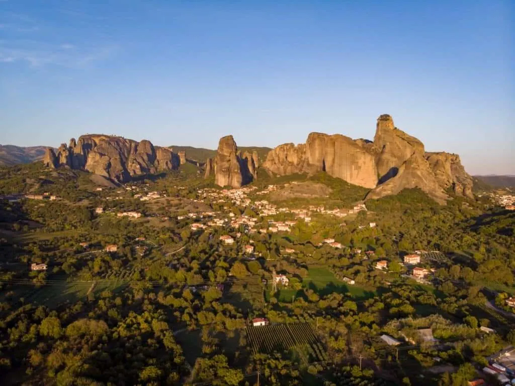 Visiting Meteora monasteries and rock formations in Greece, drone photo