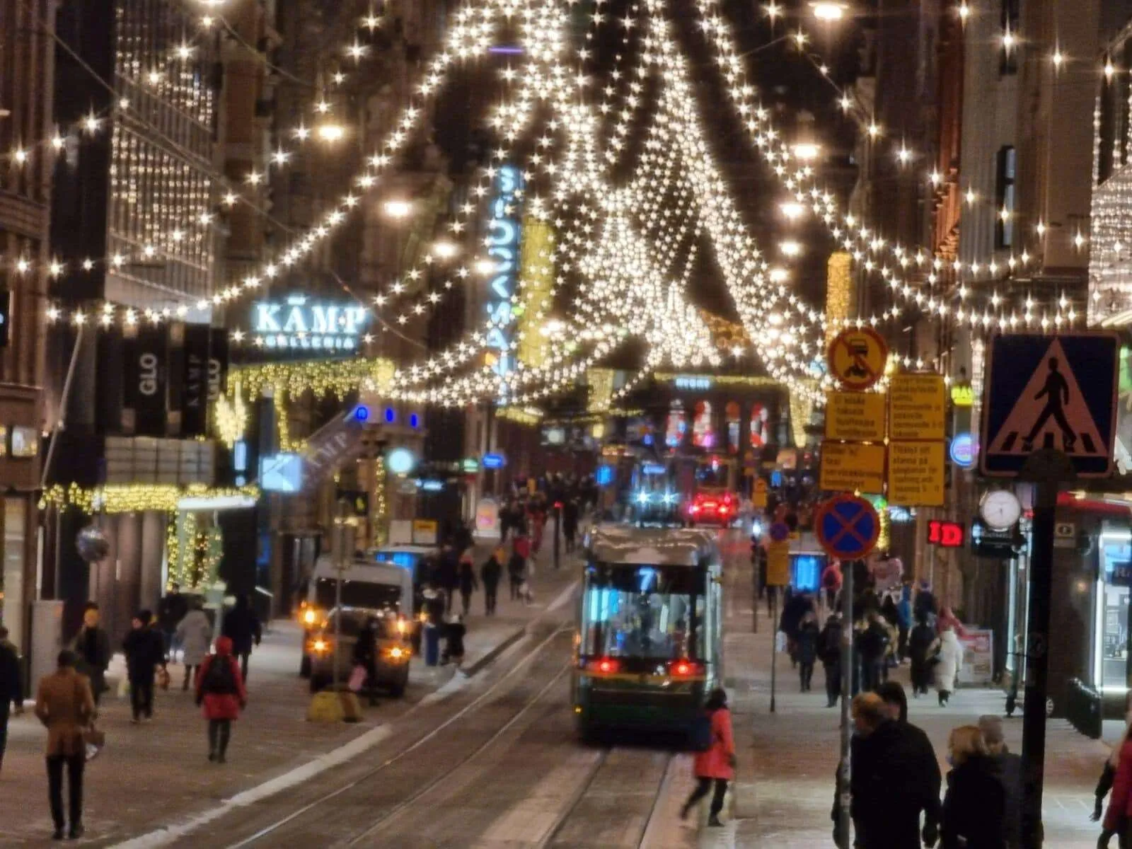 Christmas decoration and trams on the streets of Helsinki, Finland