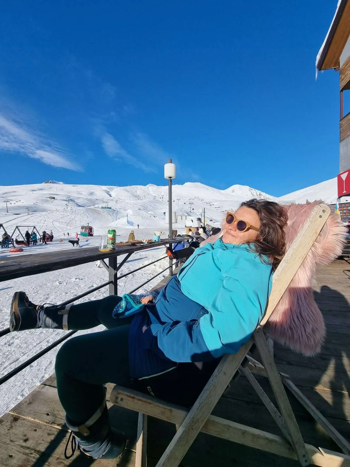 Georgia Gudauri Bistra in an apres ski bar enjoying the sun