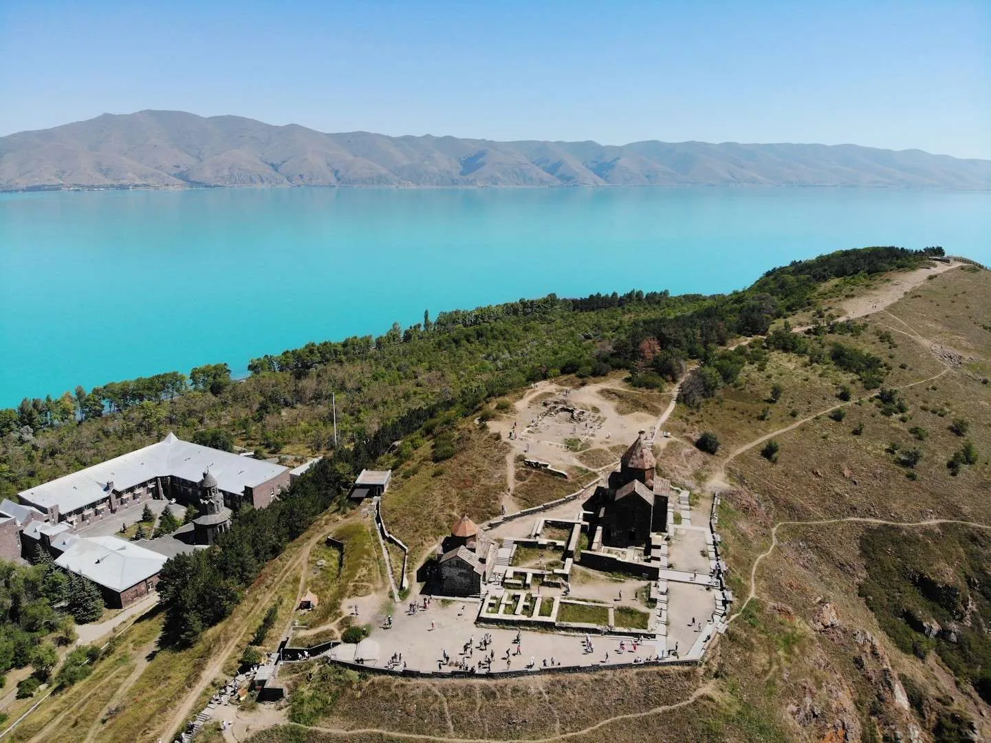 Sevanavank Monastery and the Sevan Lake in Armenia drone shot