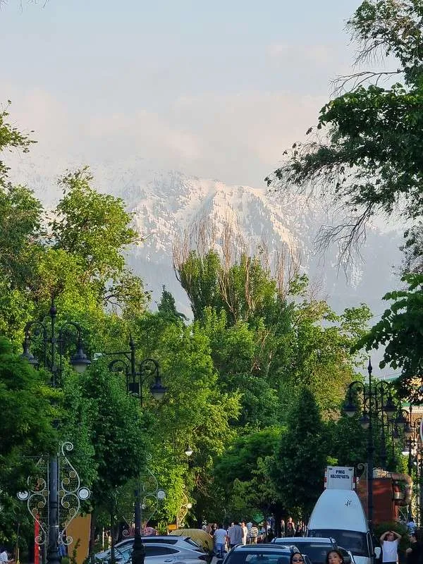 Almaty Pedestrian street with mountains