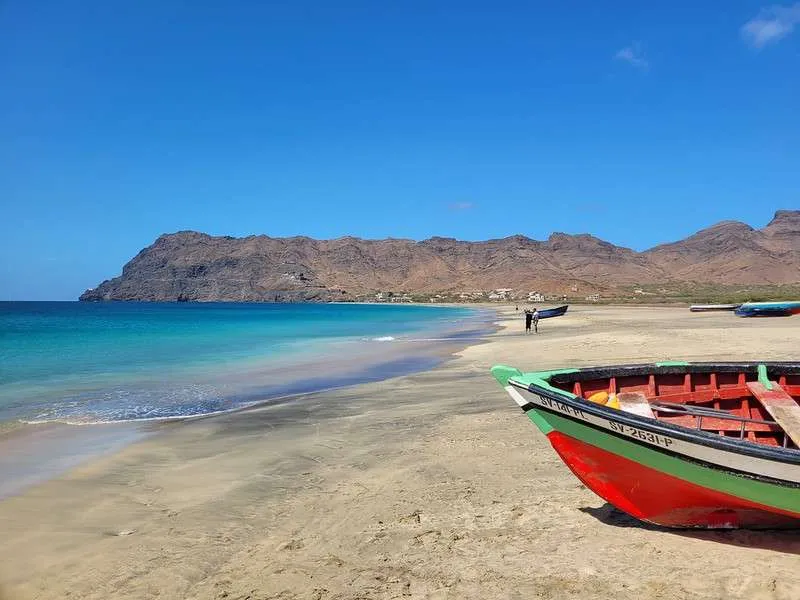 Cabo Verde Sao Vicente Sao Pedro the beach and a colorful boat